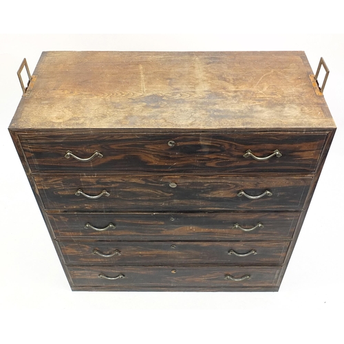 676A - 19th century Japanese iron bound tansu chest with five drawers, 93.5cm H x 91cm W x 41.5cm D