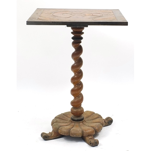 678A - Antique fruitwood occasional table with barley twist support, 72cm H x 52cm W x 52cm D