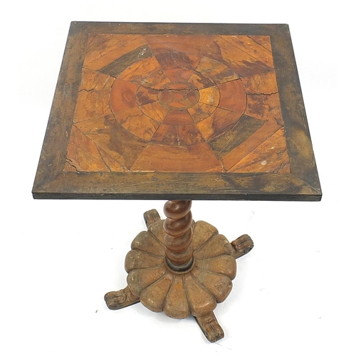 678A - Antique fruitwood occasional table with barley twist support, 72cm H x 52cm W x 52cm D