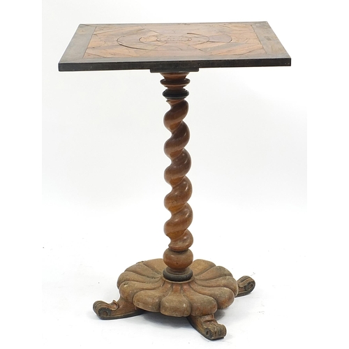 678A - Antique fruitwood occasional table with barley twist support, 72cm H x 52cm W x 52cm D