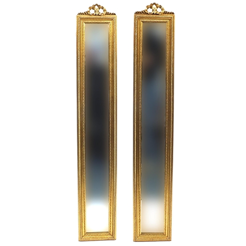 680a - Pair of rectangular gilt framed mirrors with bevelled glass, each 121cm x 20cm