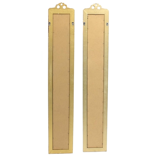 680a - Pair of rectangular gilt framed mirrors with bevelled glass, each 121cm x 20cm