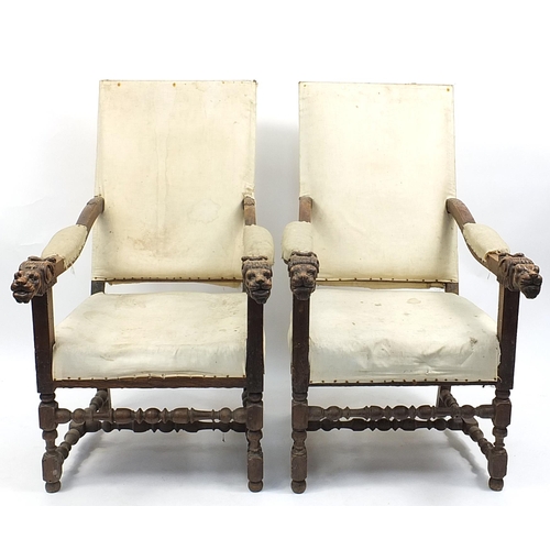 696a - Pair of antique Flemish armchairs carved with lion heads, each 121cm high