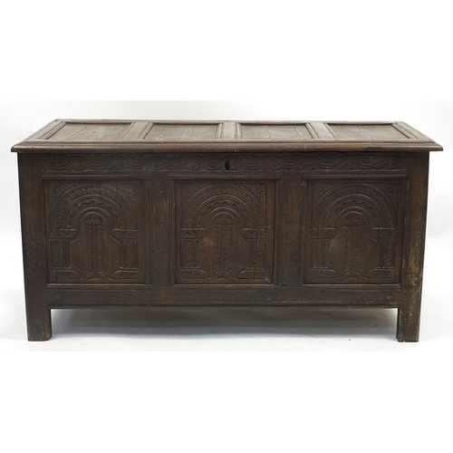 697a - Antique oak three panel coffer, 68cm H x 136cm W x 57cm D