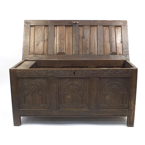 697a - Antique oak three panel coffer, 68cm H x 136cm W x 57cm D