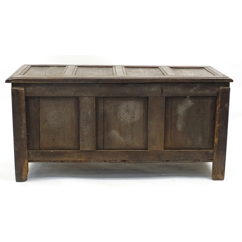 697a - Antique oak three panel coffer, 68cm H x 136cm W x 57cm D