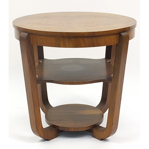 701a - Art Deco walnut quarter veneered occasional table with under tier, 56cm high x 58cm in diameter