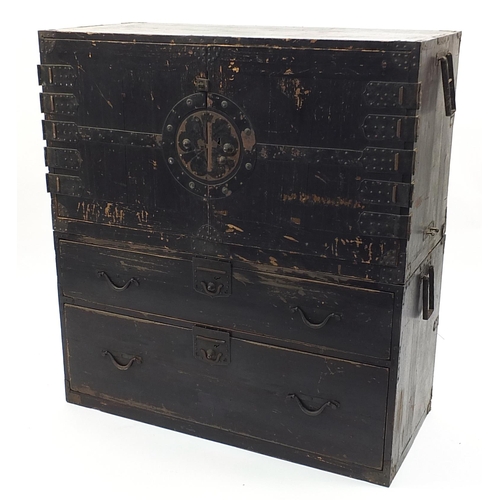 704a - 19th century Japanese iron bound two section tansu chest, 93.5cm H x 91cm W x 41.5cm D