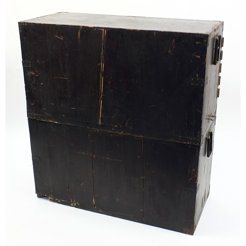 704a - 19th century Japanese iron bound two section tansu chest, 93.5cm H x 91cm W x 41.5cm D