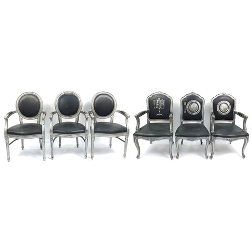 705a - Set of six French style black leather dining chairs probably by Jimmy Martin, commissioned by Gary R... 