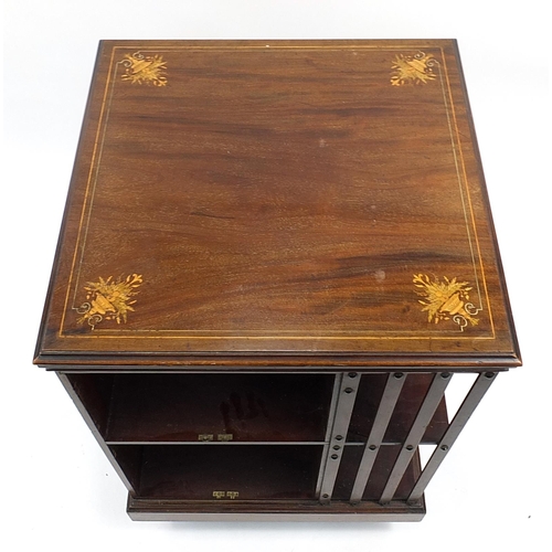 763a - Edwardian inlaid mahogany revolving bookcase, 87cm H x 59cm W x 59cm D
