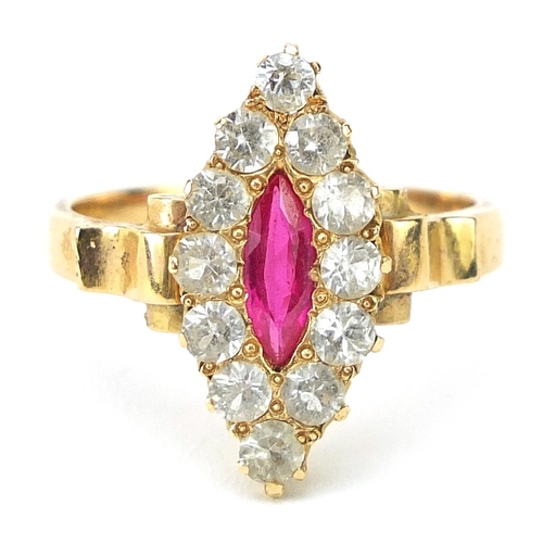 174 - Unmarked gold ruby and white sapphire marquis shape ring, size P, 4.9g