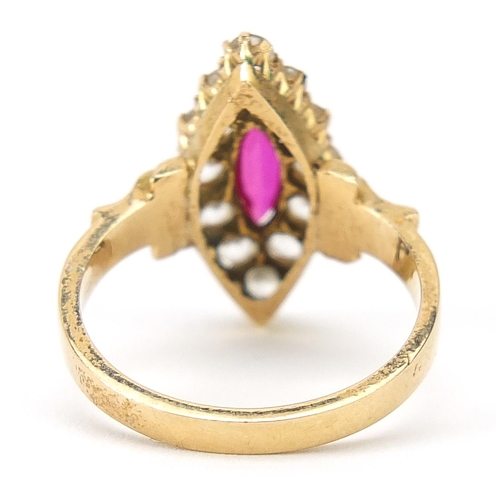 174 - Unmarked gold ruby and white sapphire marquis shape ring, size P, 4.9g