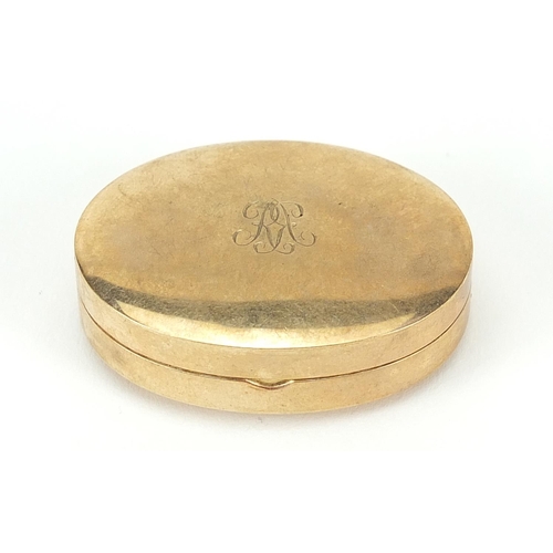 1 - George VI 9ct gold pill box with hinged lid, Birmingham 1945, 3.8cm wide, 13.5g - this lot is sold w... 