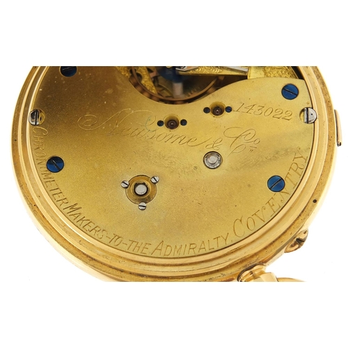 16 - Newsome & Co Coventry, gentlemen's 18ct gold open face chronograph pocket watch with enamelled dial,... 