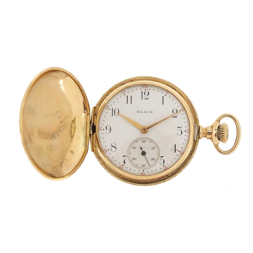 2 - Elgin, ladies 14ct gold full hunter pocket watch with enamel dial and embossed decoration, 34mm in d... 