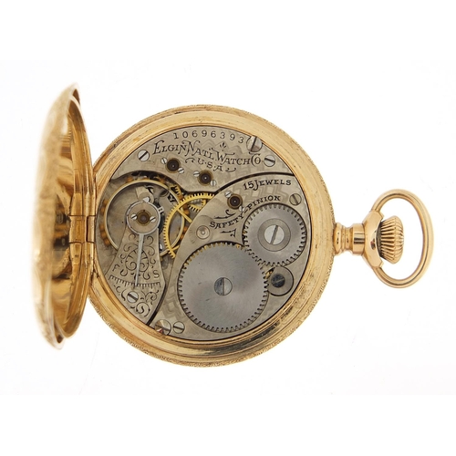 2 - Elgin, ladies 14ct gold full hunter pocket watch with enamel dial and embossed decoration, 34mm in d... 