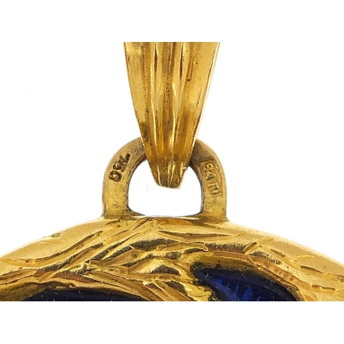 200 - Franconeri, Italian 18ct gold and blue enamel lion head pendant set with five diamonds, 5cm in diame... 
