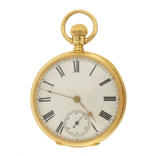 25 - Waltham Mass, gentlemen's 18ct gold open face pocket watch with enamelled dial, the movement numbere... 