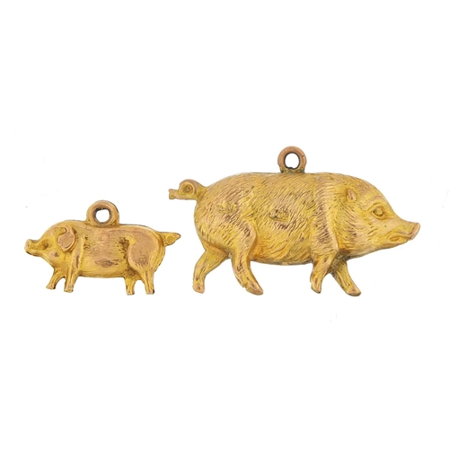 37 - Two 9ct gold pig and boar charms, the largest 3cm in length, total 2.2g - this lot is sold without b... 