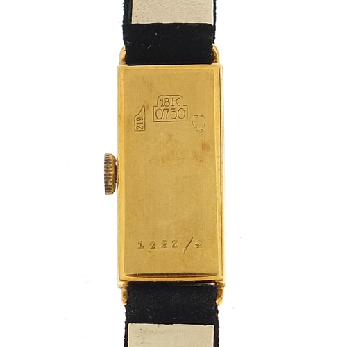63 - Delano, ladies 18ct gold wristwatch, the case 1.1cm wide, with black suede strap, 10.7g - this lot i... 