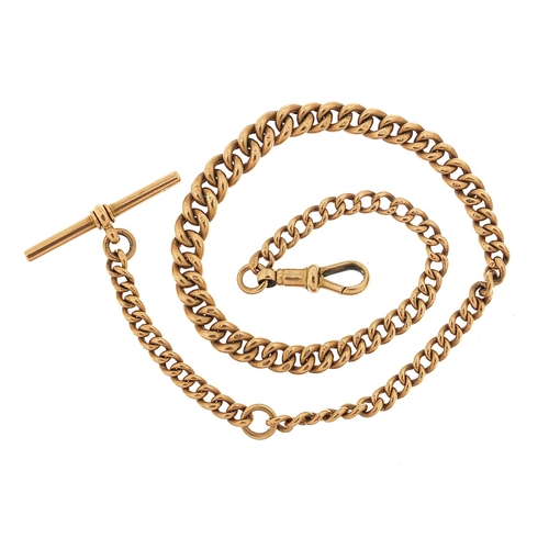 9 - 9ct rose gold graduated watch chain with T bar, 33.5cm in length, 11.5g - this lot is sold without b... 