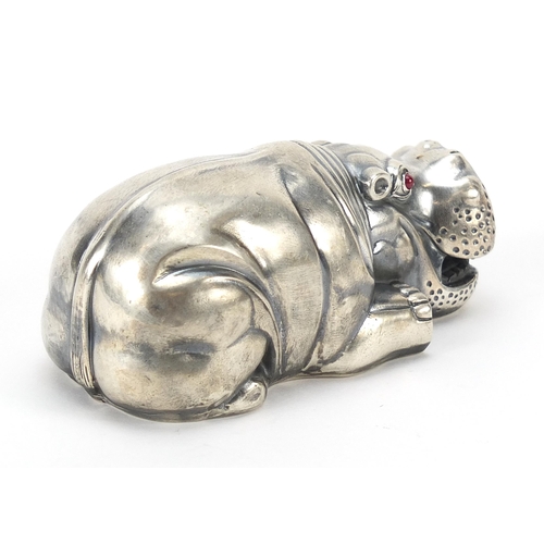 44 - Silver hippopotamus paperweight with ruby eyes, impressed Russian marks to the base, 7.8cm in length... 
