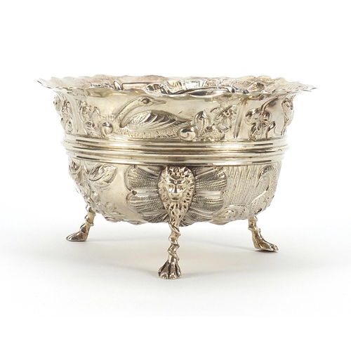 68 - George Nathan & Ridley Hayes, Victorian silver bowl embossed with hogs and swans, raised on three li... 