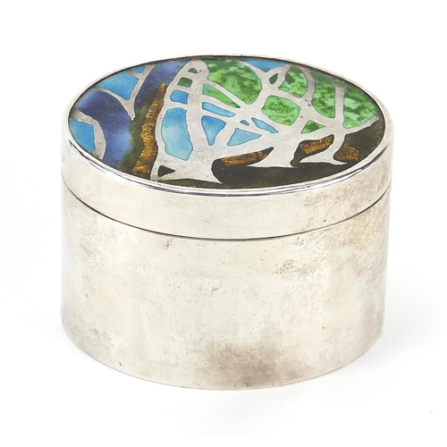 15 - Oval silver box and cover enamelled with stylised trees, JASSO makers mark, London 2000, 5cm high x ... 