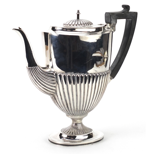 40 - C S Harris & Sons Ltd, Edwardian silver demi fluted coffee pot with ebonised handle, retailed by Fin... 