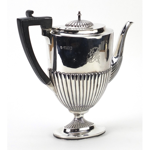 40 - C S Harris & Sons Ltd, Edwardian silver demi fluted coffee pot with ebonised handle, retailed by Fin... 
