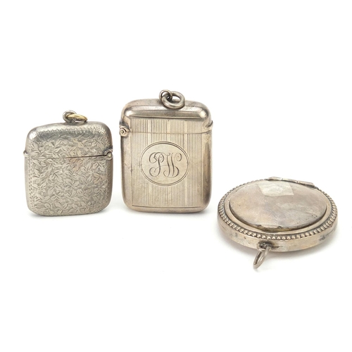 64 - Two rectangular silver vestas and a circular silver compact engraved Lodge Marine, various hallmarks... 