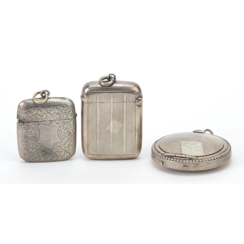 64 - Two rectangular silver vestas and a circular silver compact engraved Lodge Marine, various hallmarks... 