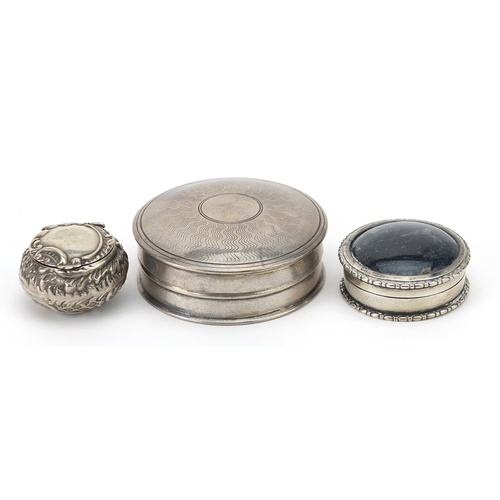 65 - Victorian and later silver boxes comprising embossed pill box, circular patch box with hardstone lid... 