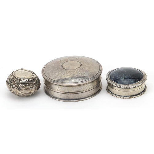 65 - Victorian and later silver boxes comprising embossed pill box, circular patch box with hardstone lid... 