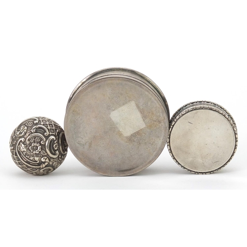 65 - Victorian and later silver boxes comprising embossed pill box, circular patch box with hardstone lid... 