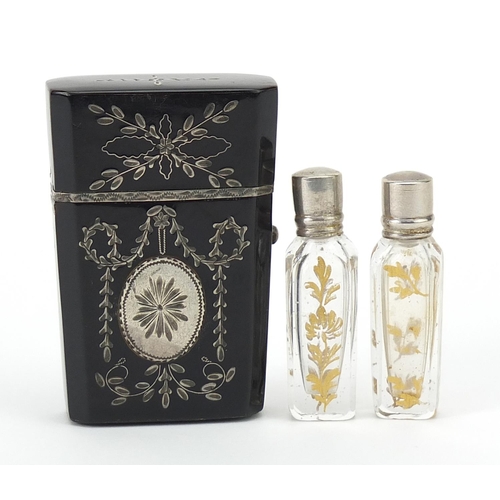 5 - 18th century tortoiseshell and silver piquet work scent bottle etui housing two glass scent bottles ... 