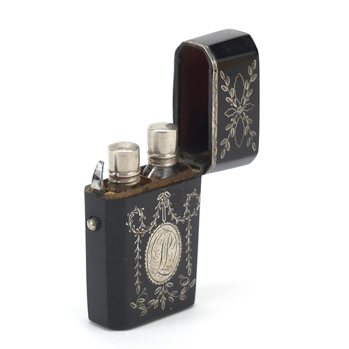 5 - 18th century tortoiseshell and silver piquet work scent bottle etui housing two glass scent bottles ... 