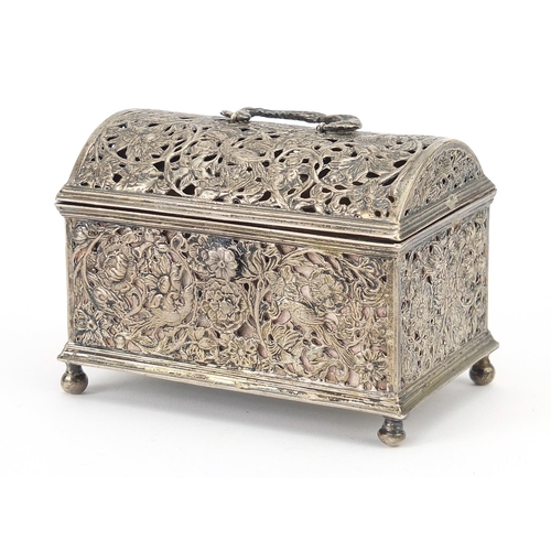 13 - Antique Dutch silver jewel casket pierced and embossed with birds amongst flowers, 7.5cm H x 10.3cm ... 