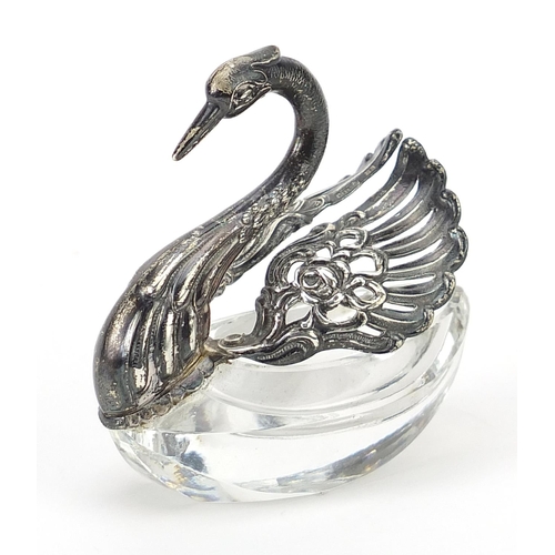 36A - Novelty silver and cut glass swan table salt, stamped import marks to the wings, 7cm high, 86.2g