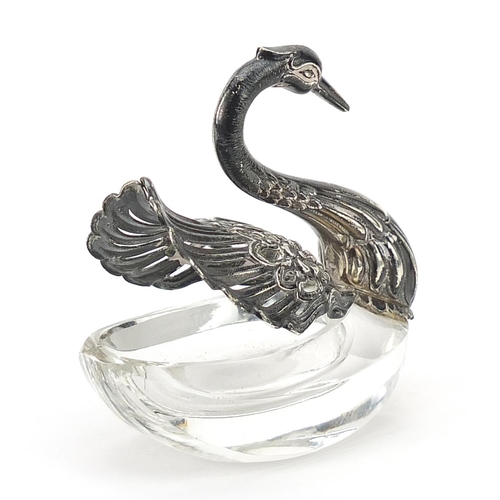 36A - Novelty silver and cut glass swan table salt, stamped import marks to the wings, 7cm high, 86.2g