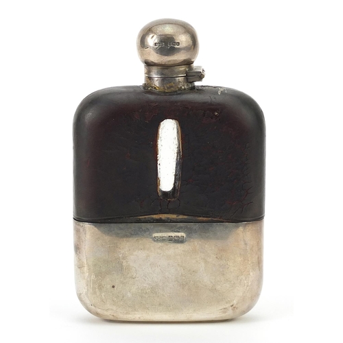 67 - James Dixon & Sons Ltd, Edwardian silver and leather mounted glass hip flask with detachable cup and... 