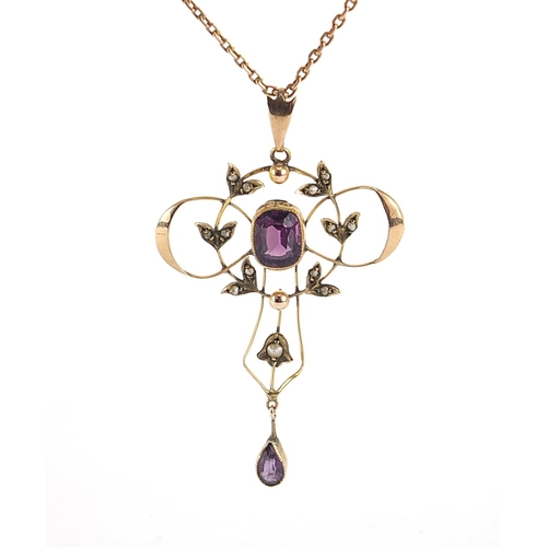 175 - Art Nouveau 9ct gold amethyst and seed pearl pendant on a 9ct gold necklace housed in a P G Allder f... 