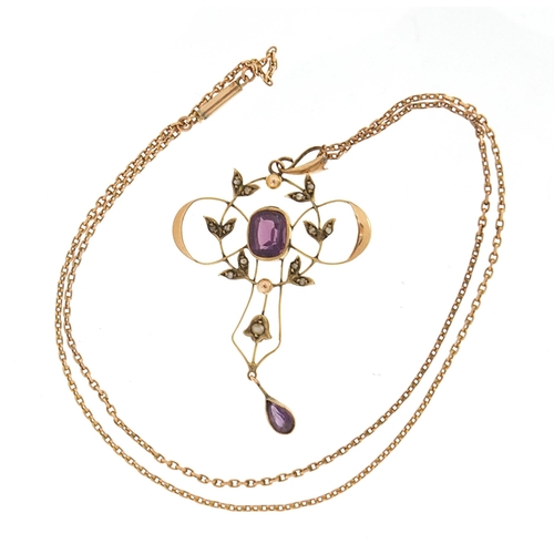 175 - Art Nouveau 9ct gold amethyst and seed pearl pendant on a 9ct gold necklace housed in a P G Allder f... 