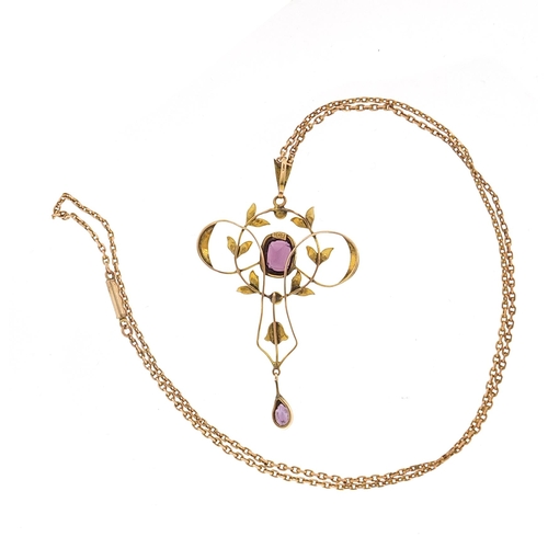 175 - Art Nouveau 9ct gold amethyst and seed pearl pendant on a 9ct gold necklace housed in a P G Allder f... 