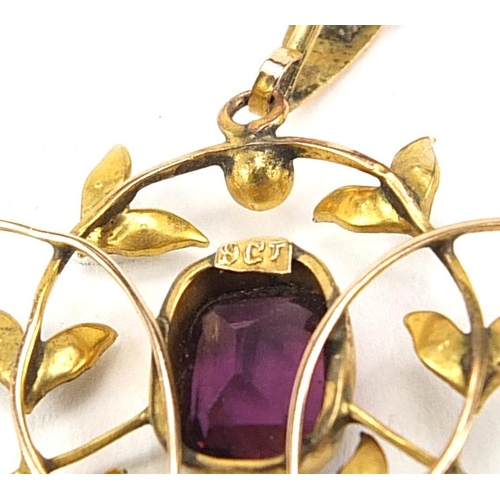 175 - Art Nouveau 9ct gold amethyst and seed pearl pendant on a 9ct gold necklace housed in a P G Allder f... 