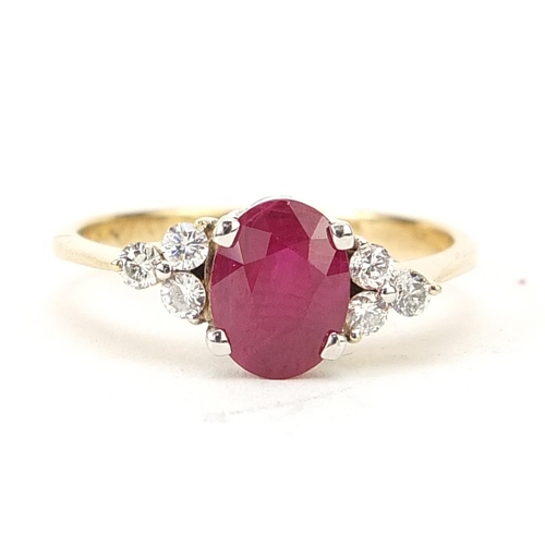 163 - 18ct gold ruby and diamond ring, size P, 3.1g