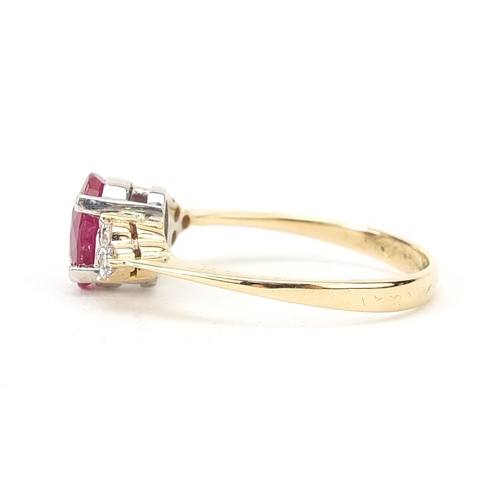 163 - 18ct gold ruby and diamond ring, size P, 3.1g