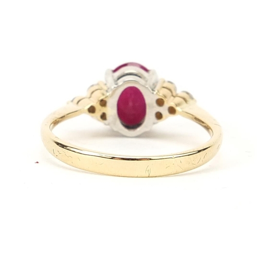 163 - 18ct gold ruby and diamond ring, size P, 3.1g