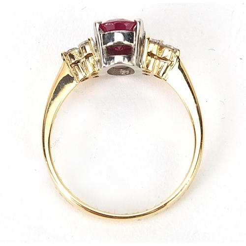 163 - 18ct gold ruby and diamond ring, size P, 3.1g